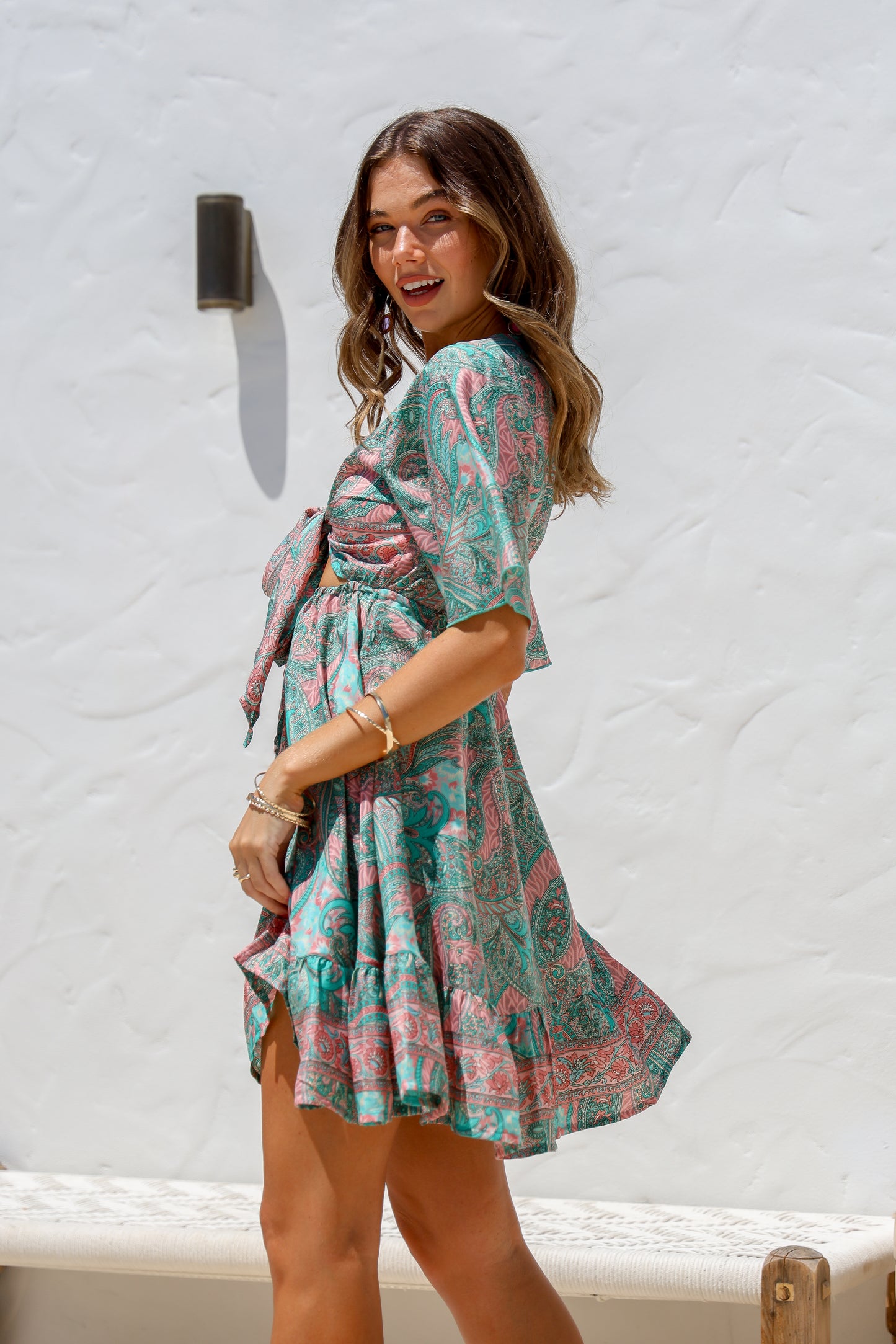 Simone Tie Dress (Green/Pink)
